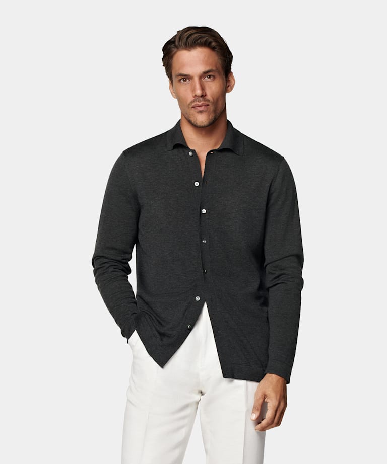 Dark Grey Long Sleeve Polo Cardigan