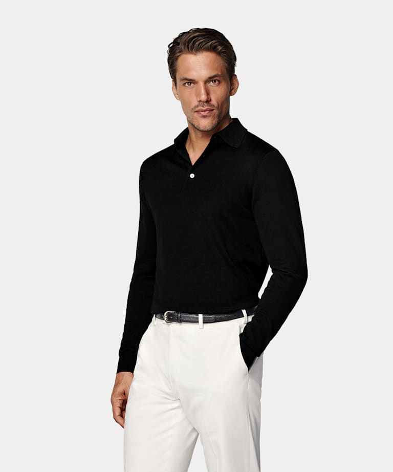 Black Merino Long Sleeve Polo