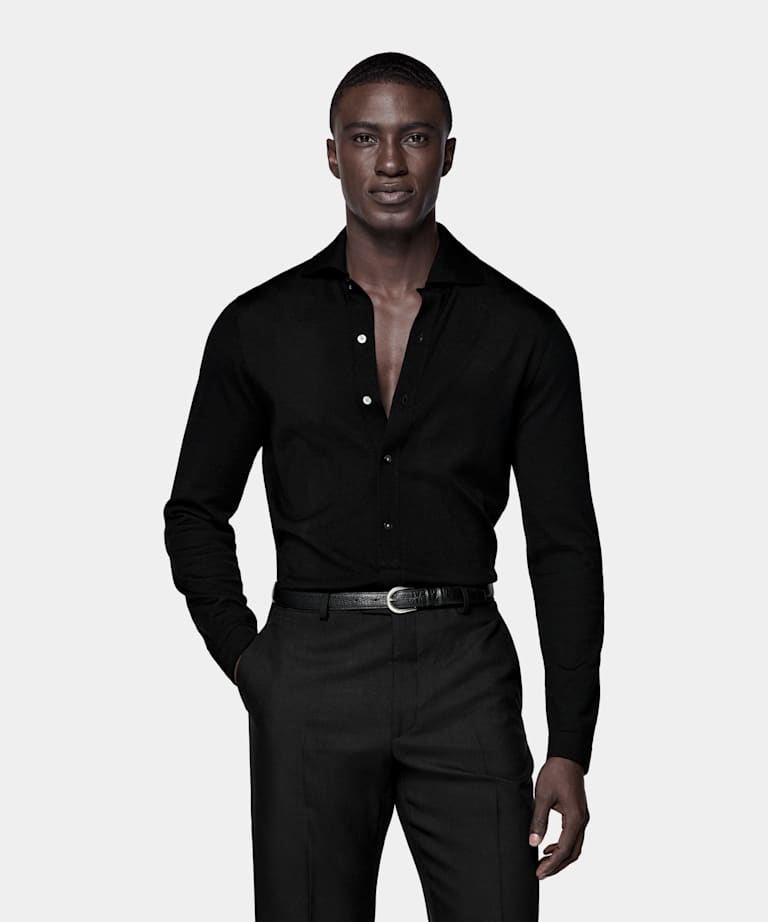 Black Merino Long Sleeve Polo Cardigan