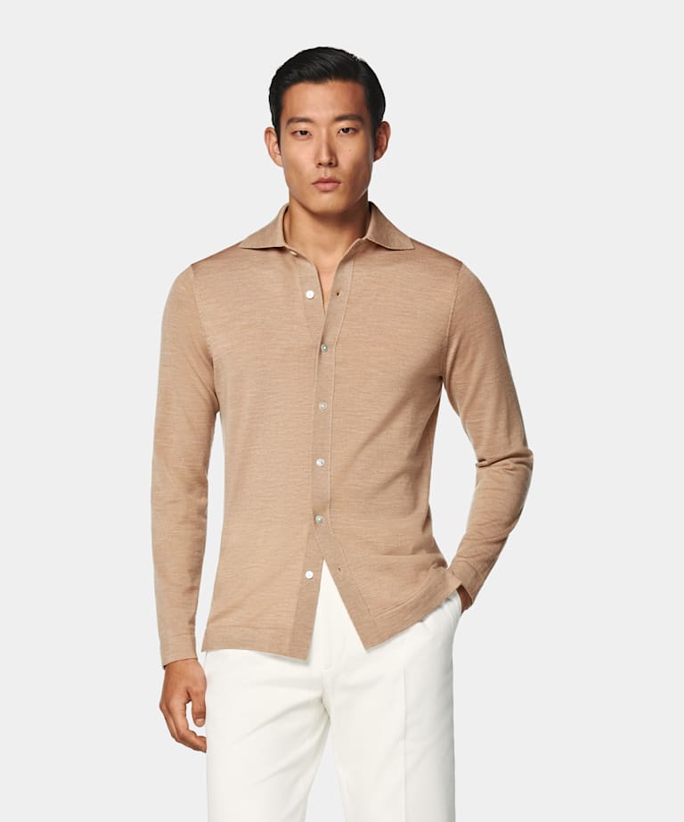 Mid Brown Merino Long Sleeve Polo Cardigan