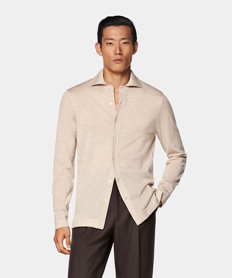 Sand Merino Long Sleeve Polo Cardigan