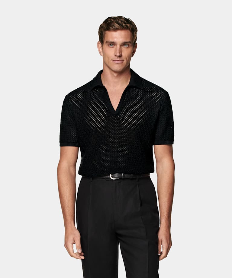 Black Crochet Buttonless Polo