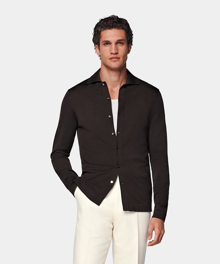 Dark Brown Long Sleeve Polo Cardigan