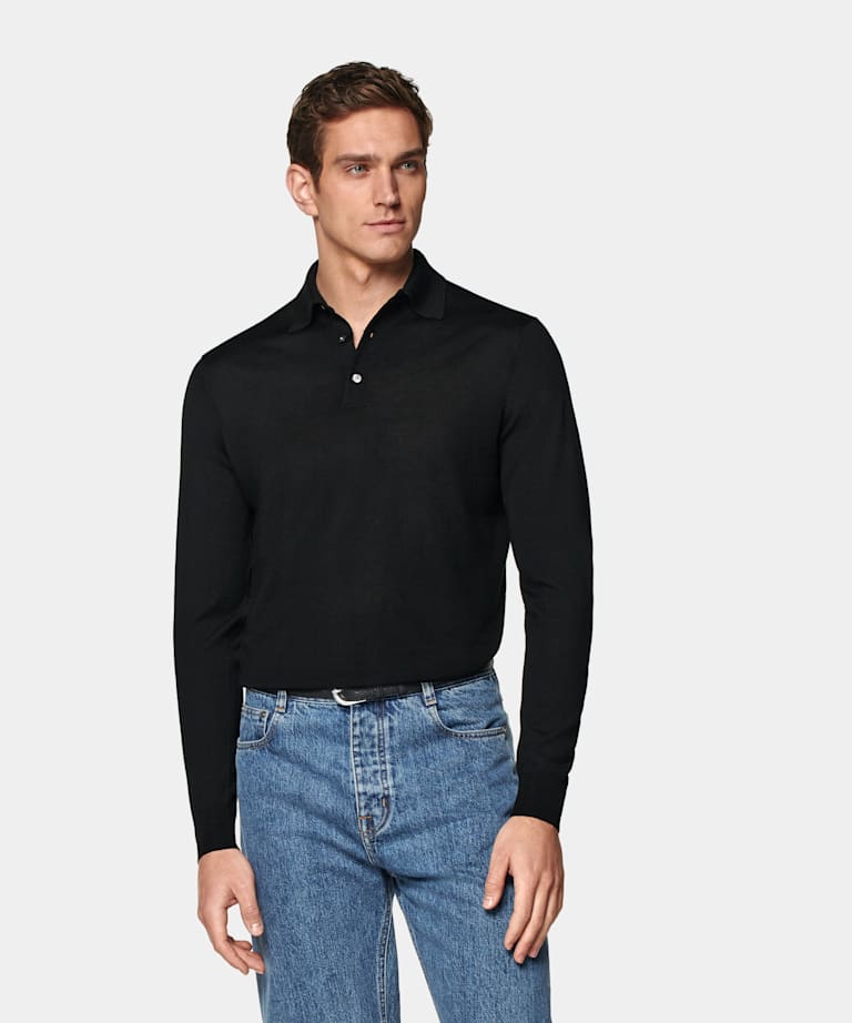 Black Merino Long Sleeve Polo