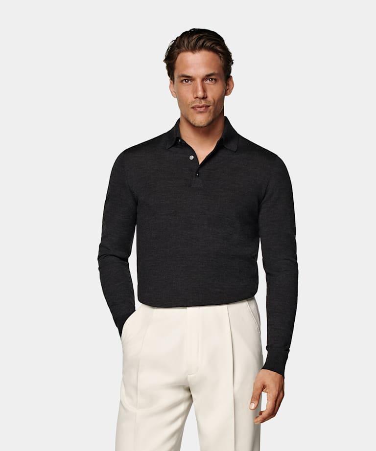 Dark Grey Merino Long Sleeve Polo