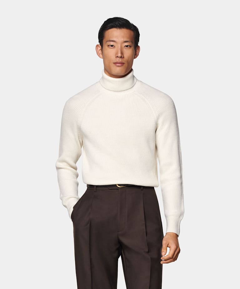 Merino Rollkragenpullover off-white Rippstrick