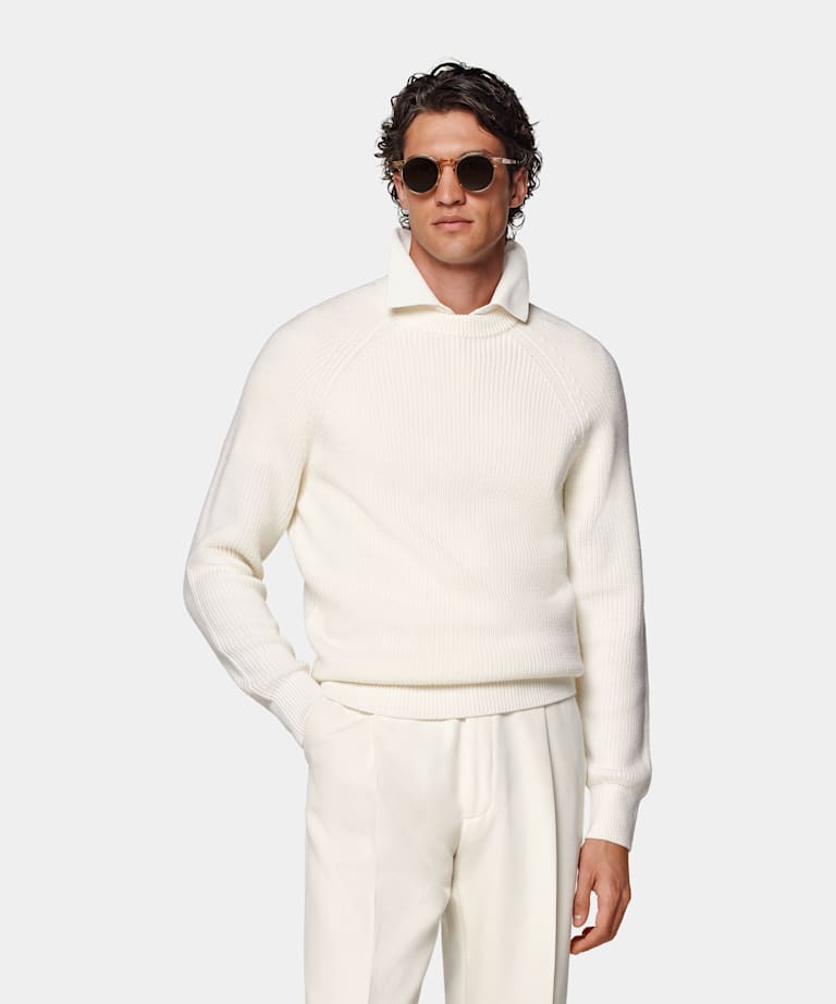 Merino Rundhalspullover off-white Rippstrick