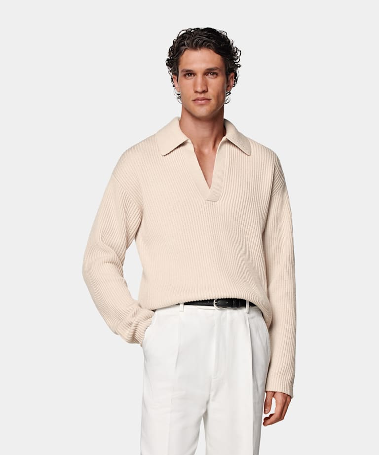 Sand Ribbed Long Sleeve Buttonless Polo