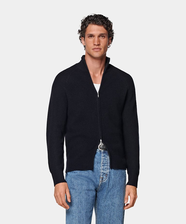 Navy Ribbed Zip Cardigan
