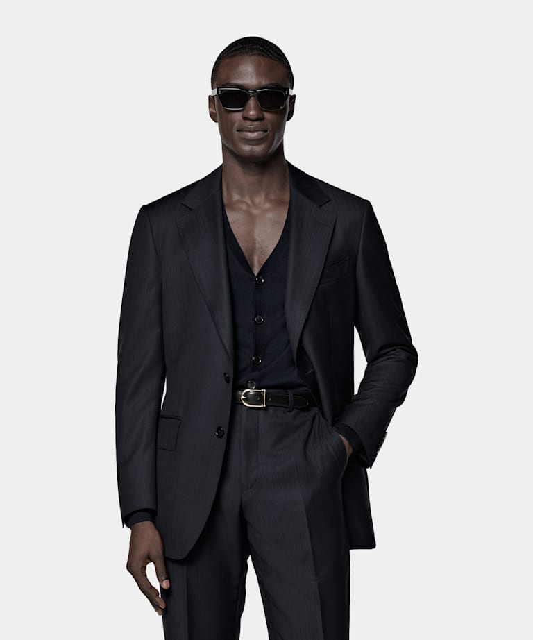 Navy Striped Tailored Fit Milano Suit