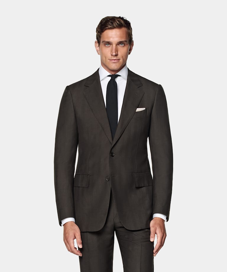Dark Brown Herringbone Tailored Fit Milano Suit