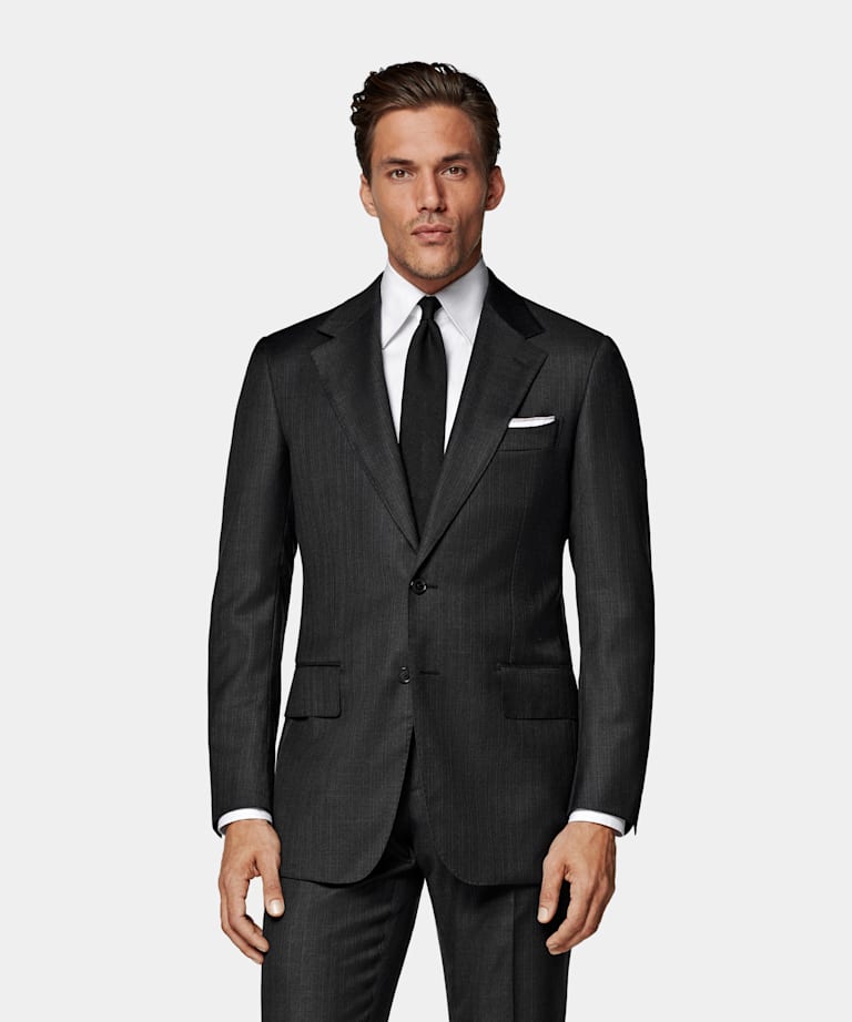 Dark Grey Striped Tailored Fit Milano Suit