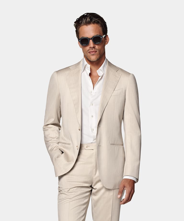 Havana Anzug sand Fischgrätmuster Tailored Fit