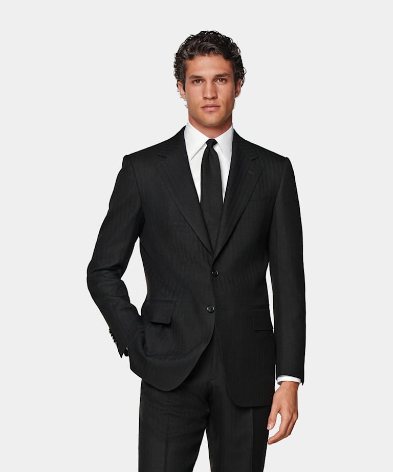 Black Herringbone Tailored Fit Milano Suit