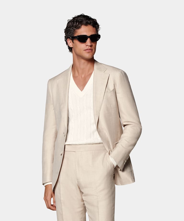 Sand Herringbone Tailored Fit Havana Suit