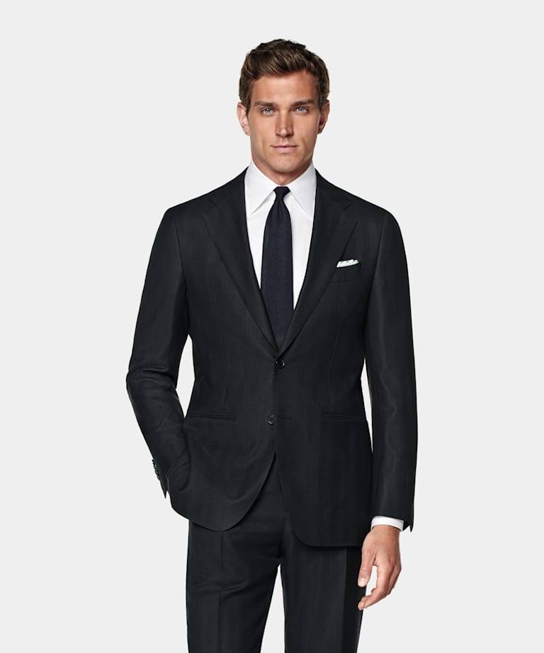 Navy Herringbone Tailored Fit Havana Suit