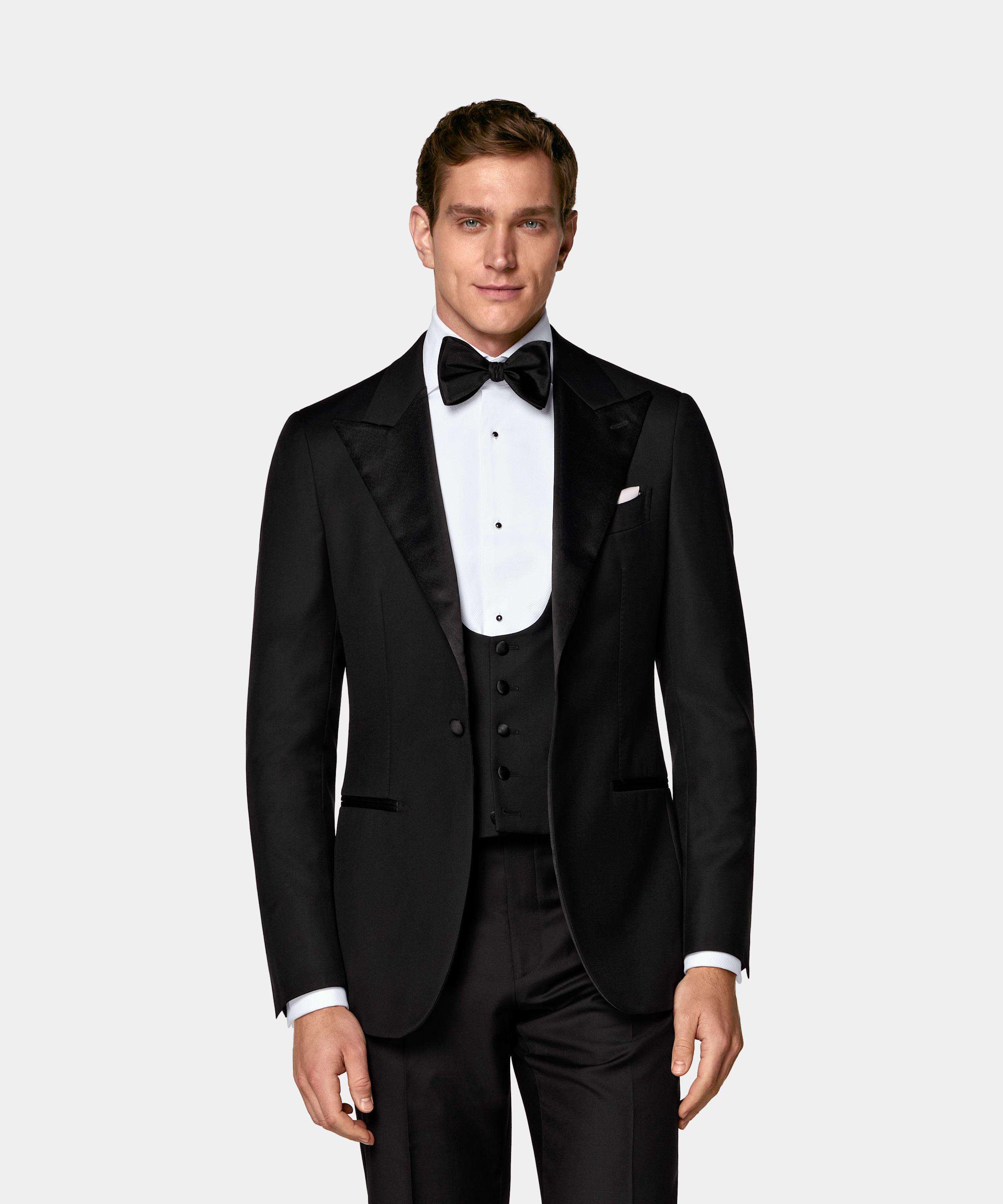 SUITSUPPLY All Season Pure S110's Wool by Vitale Barberis Canonico, Italy Black Three-Piece Tailored Fit Havana Tuxedo