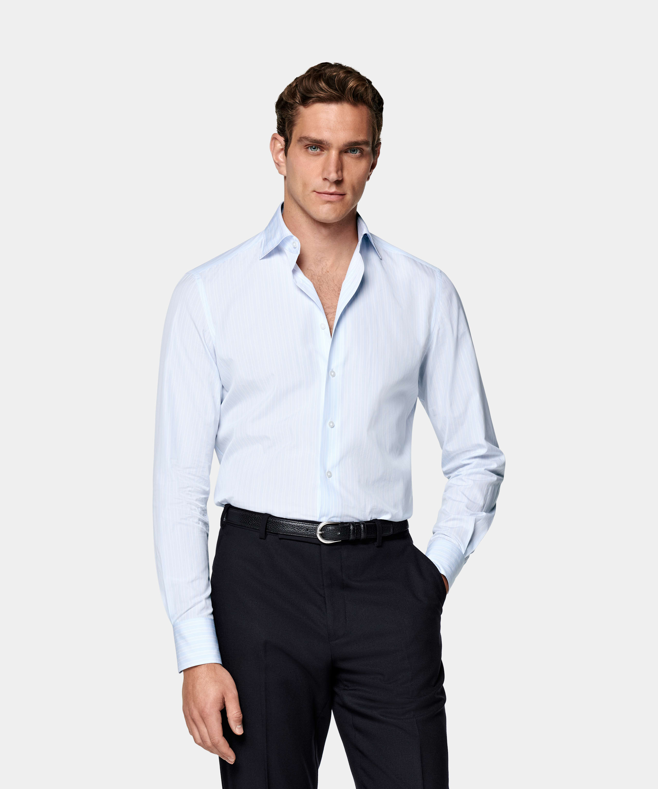 SUITSUPPLY Egyptian Cotton by Albini, Italy Light Blue Striped Widespread Collar Shirt