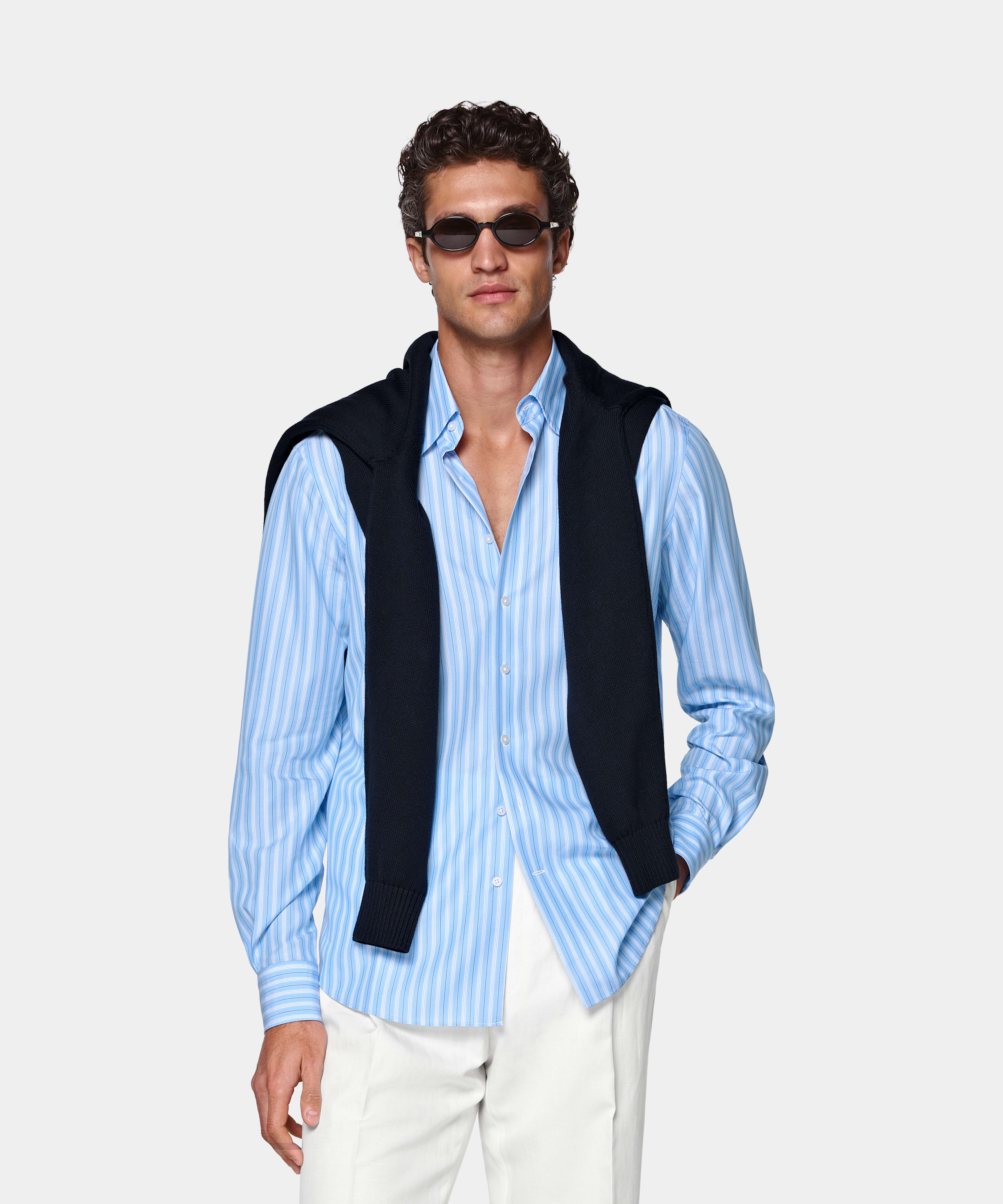 SUITSUPPLY Lyocell by Sidogras, Spain Mid Blue Striped Lyocell Shirt