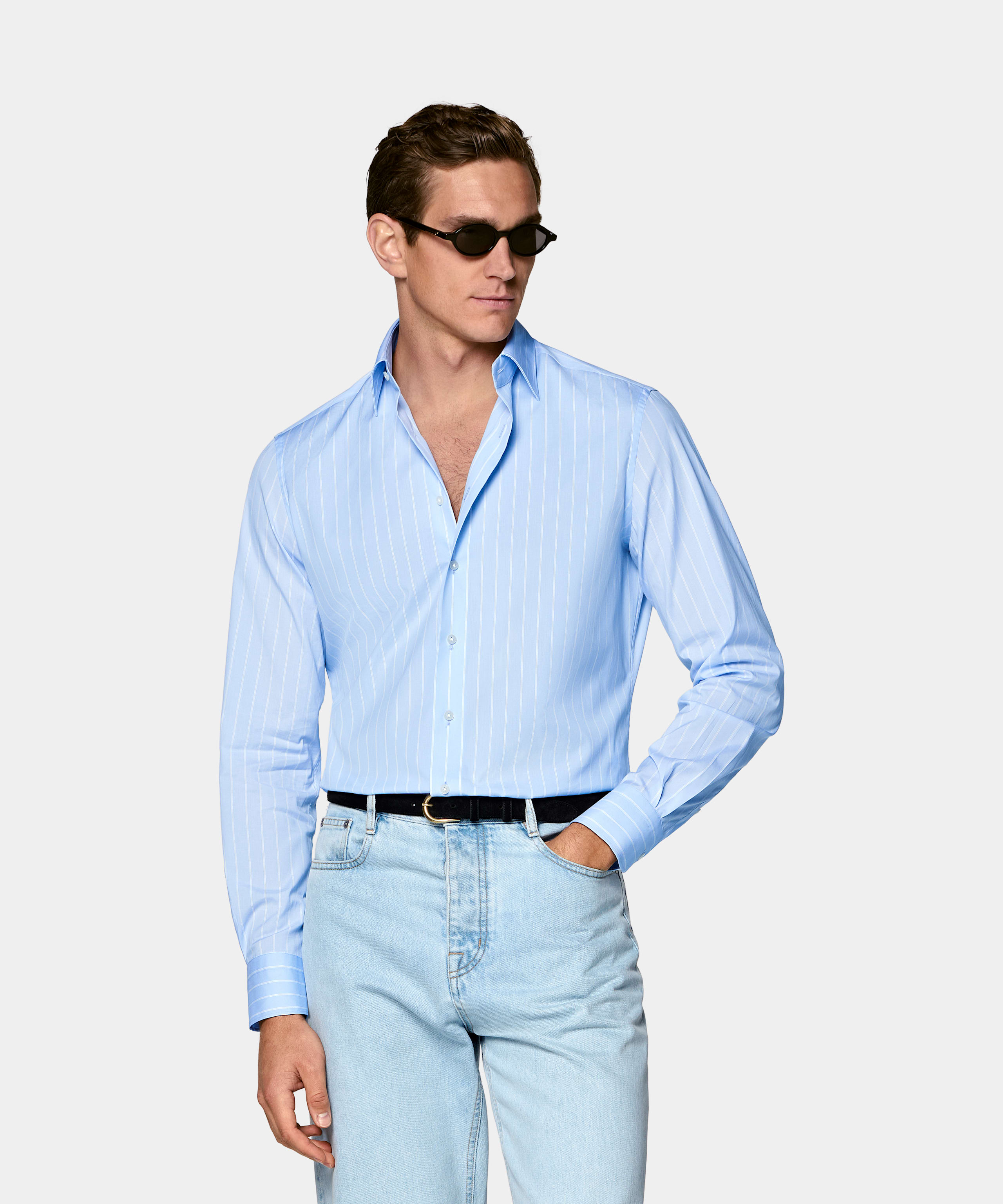 SUITSUPPLY Egyptian Cotton by Albini, Italy Light Blue Striped Classic Collar Shirt