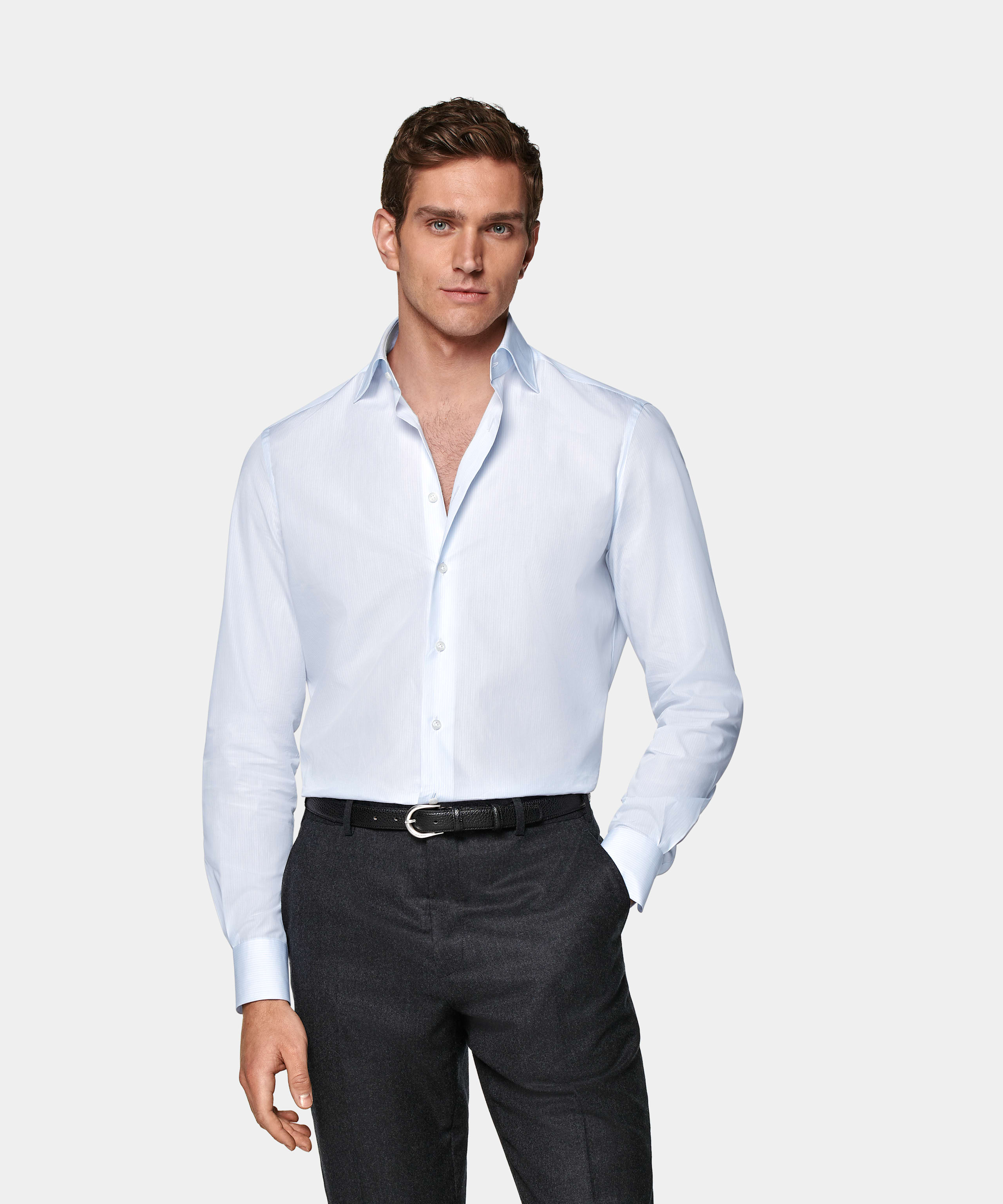 SUITSUPPLY Egyptian Cotton by Albini, Italy Light Blue Striped Widespread Collar Shirt