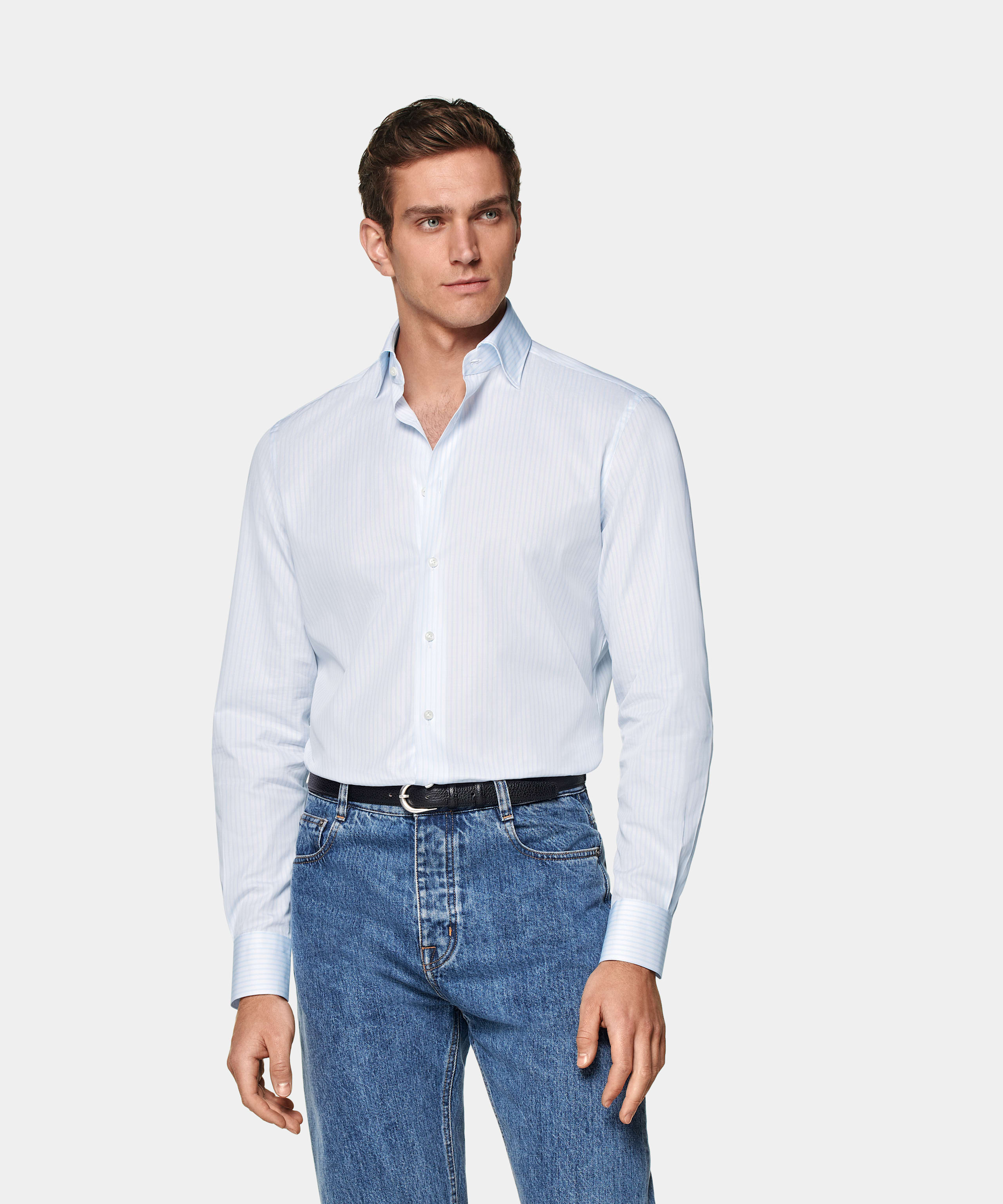 SUITSUPPLY Egyptian Cotton by Albini, Italy Light Blue Striped Widespread Collar Shirt