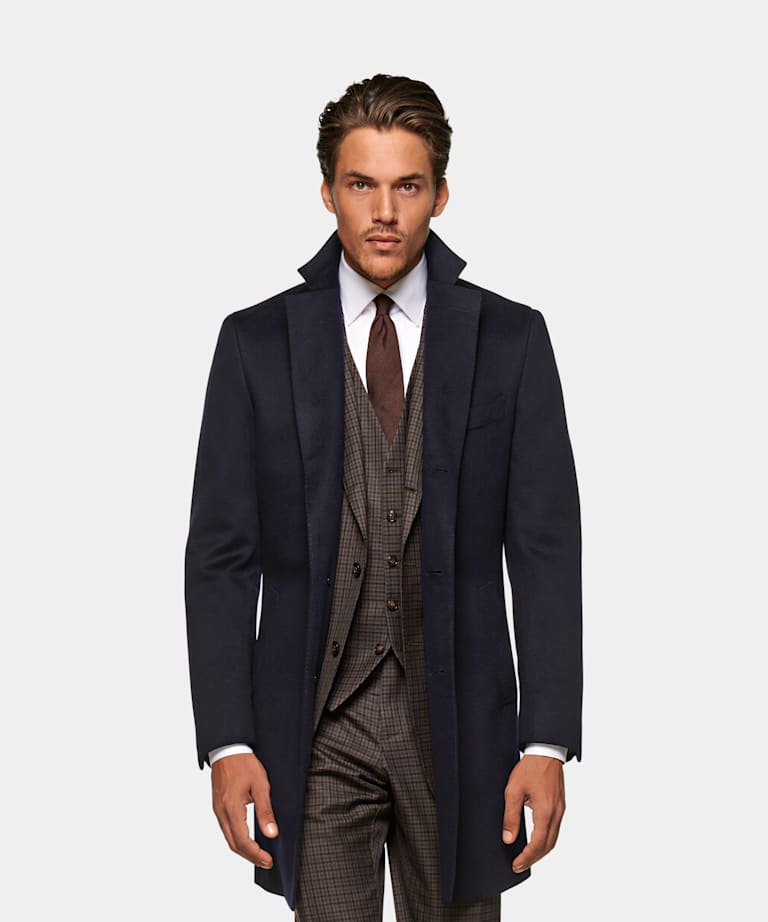 navy suit overcoat