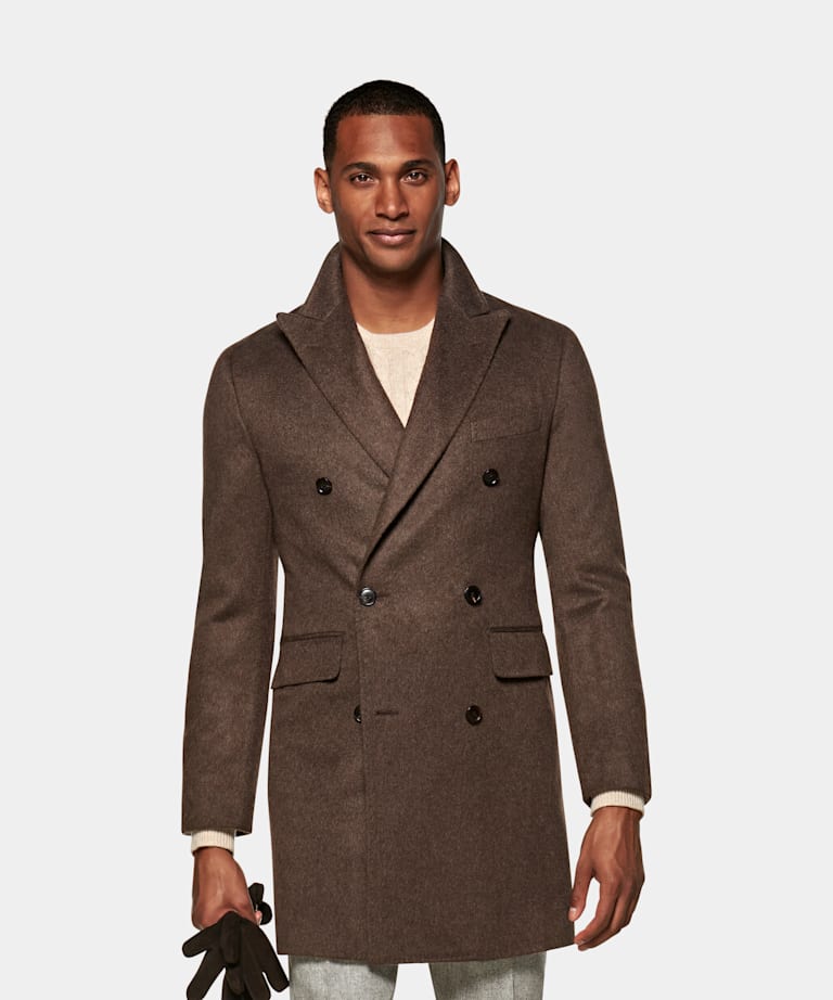 Mid Brown Check Overcoat | Alpaca Wool Polyamide Double Breasted ...