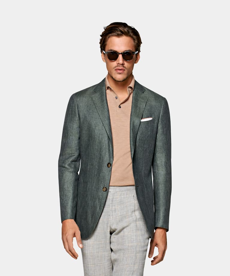 Light Green Check Havana Jacket | Wool Silk Linen Single Breasted ...