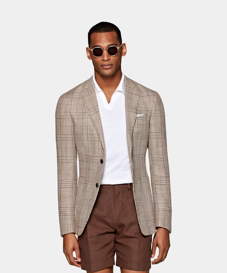 Light Brown Check Havana Jacket | Linen Wool Single Breasted ...