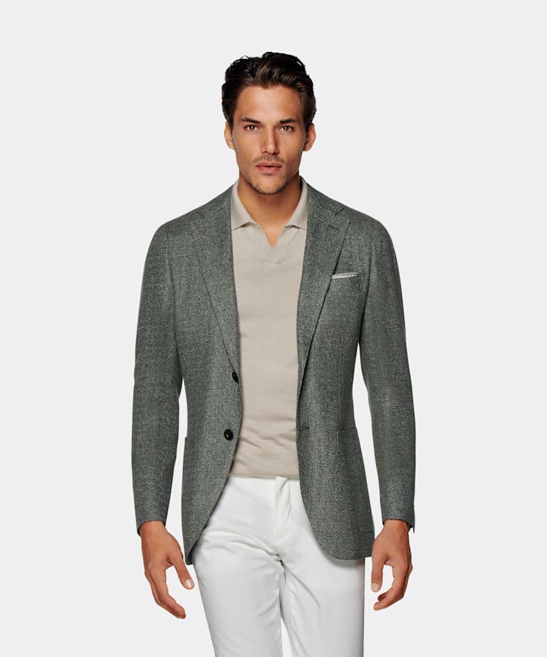 Light Green Check Havana Jacket | Wool Silk Linen Single Breasted ...