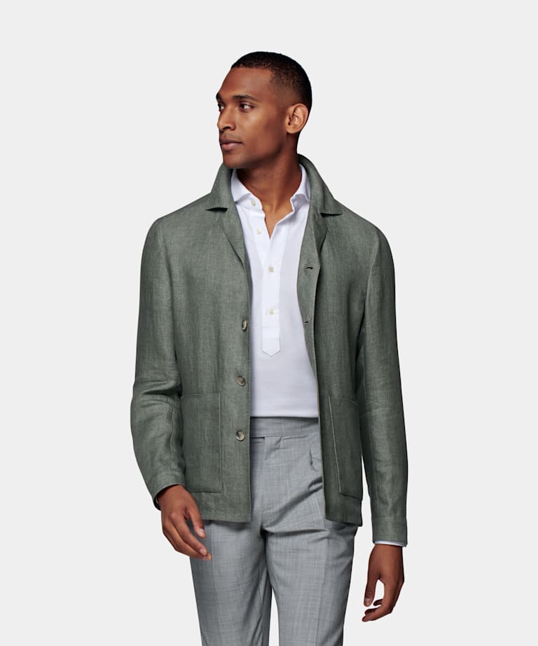 Mid Green Belted Safari Jacket | Pure Linen Single Breasted ...