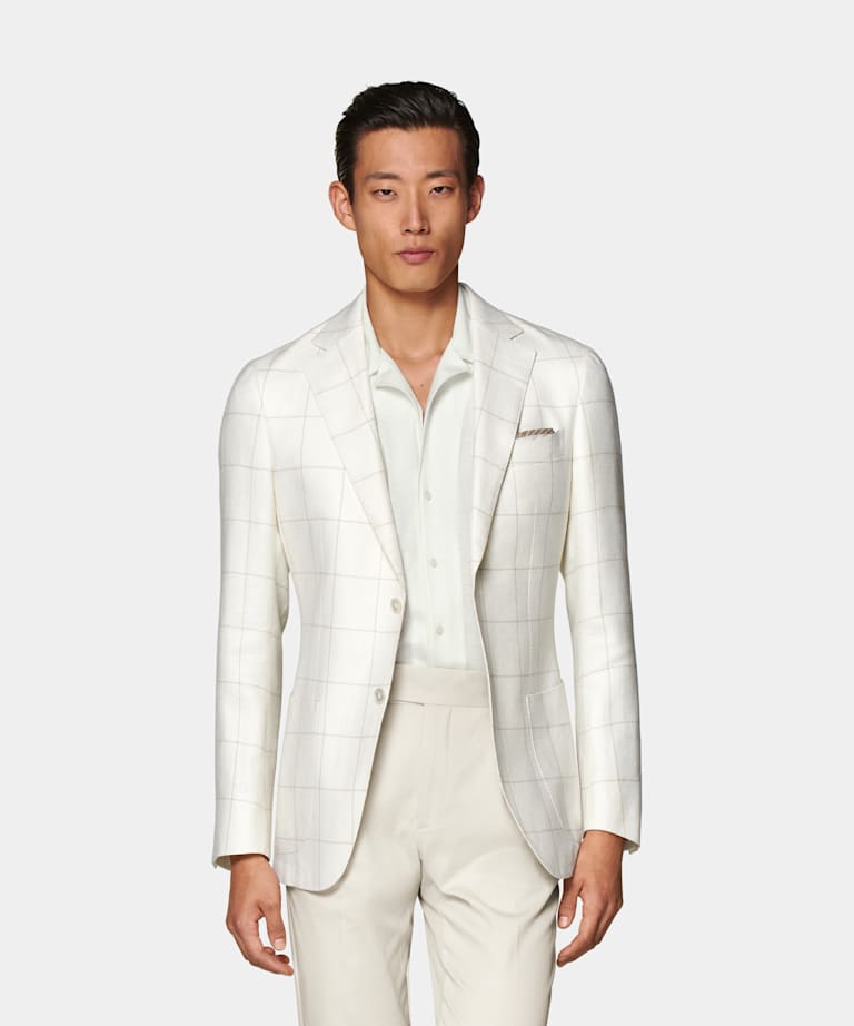 SUITSUPPLY 意大利 E.Thomas 生产的羊毛、丝绸、亚麻面料 Havana 米白色格纹西装外套