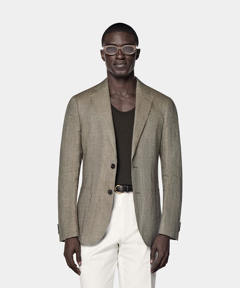 SUITSUPPLY Summer Pure Linen by Baird McNutt, United Kingdom Mid Brown Checked Tailored Fit Havana Blazer