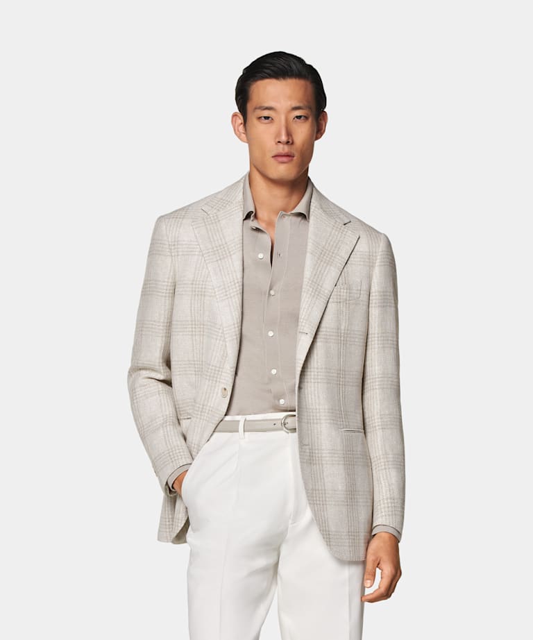 SUITSUPPLY Linen Silk Wool Cotton by Ferla, Italy Light Taupe Checked Roma Blazer