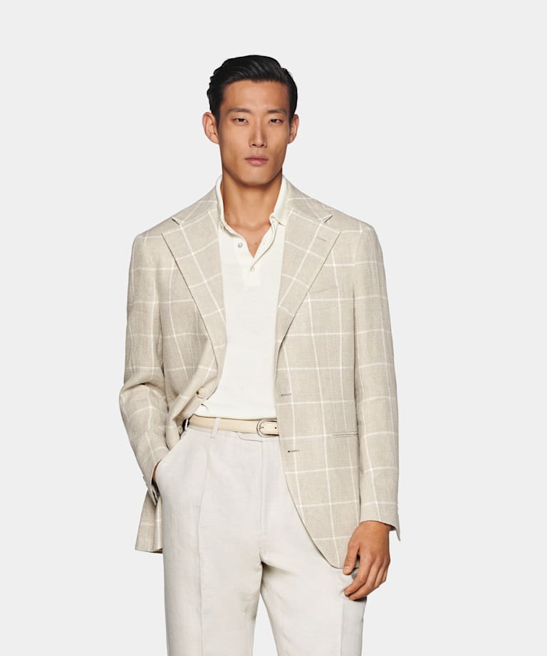 SUITSUPPLY Pure Linen by Leomaster, Italy Light Taupe Checked Roma Blazer