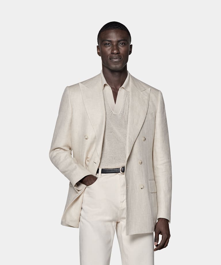 SUITSUPPLY Lin soie - Leomaster, Italie Blazer Milano coupe Tailored taupe clair à chevrons