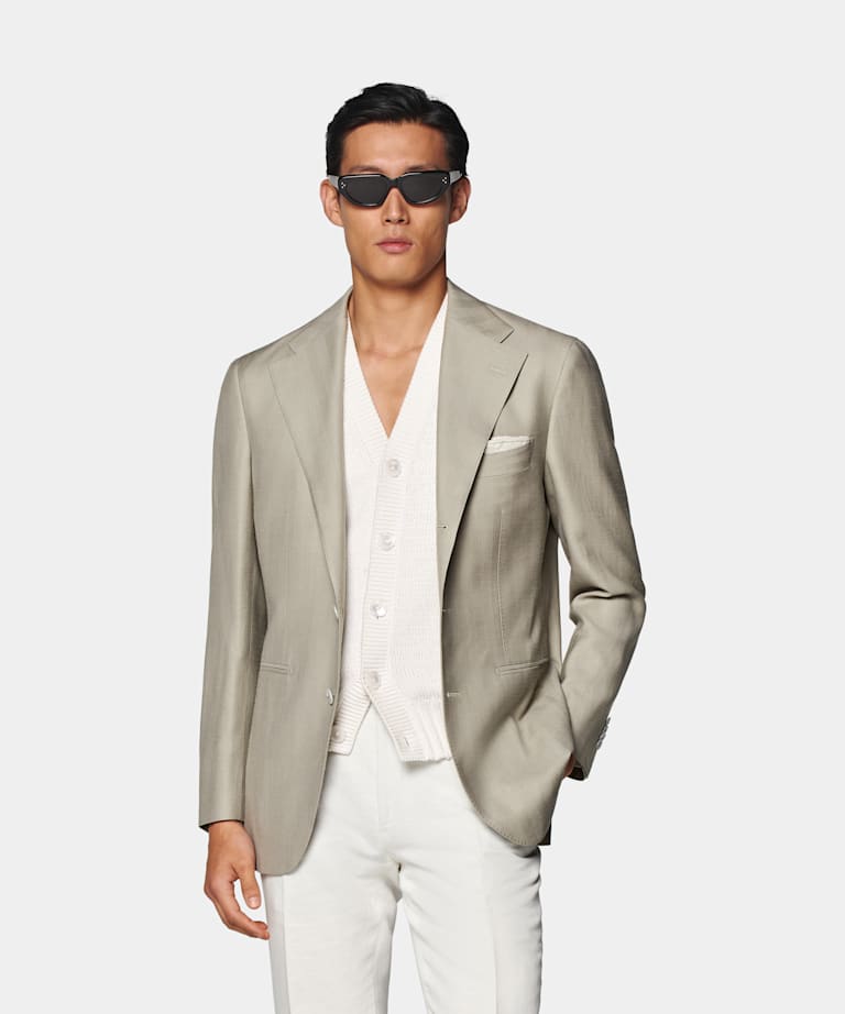 SUITSUPPLY Summer Wool Silk Linen by Rogna, Italy Light Green Herringbone Relaxed Fit Roma Blazer