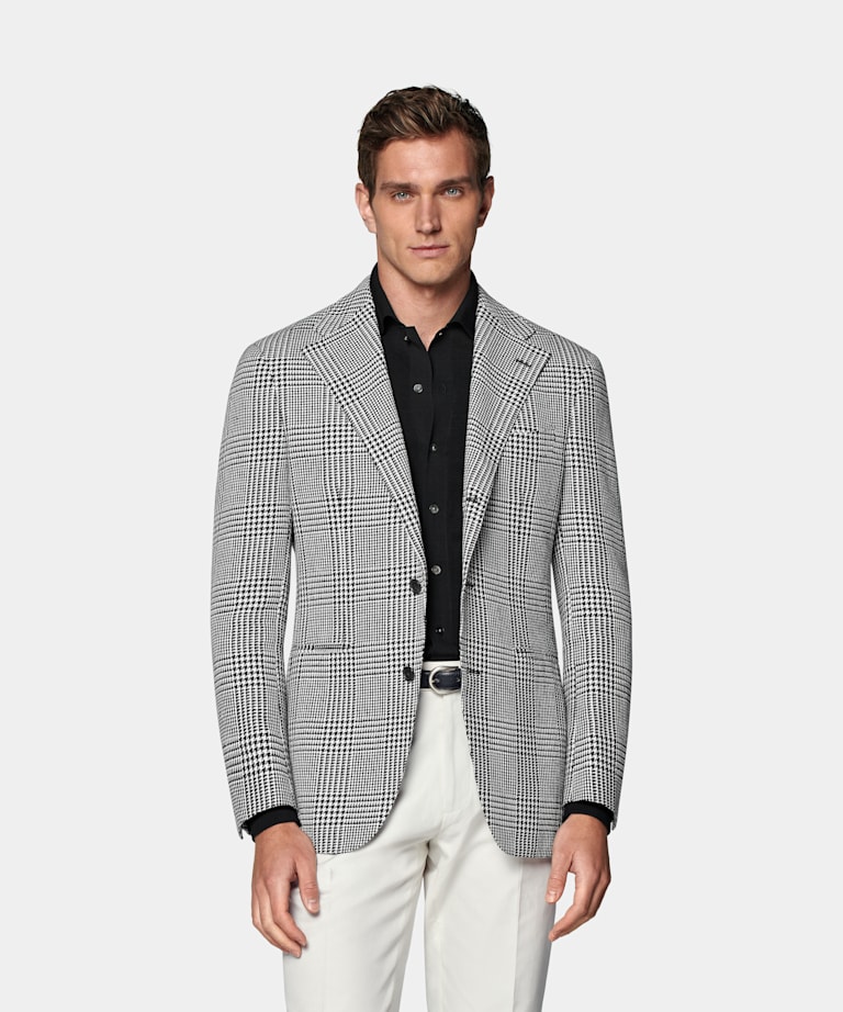SUITSUPPLY Summer Wool Silk Linen by Ferla, Italy Black Checked Relaxed Fit Roma Blazer