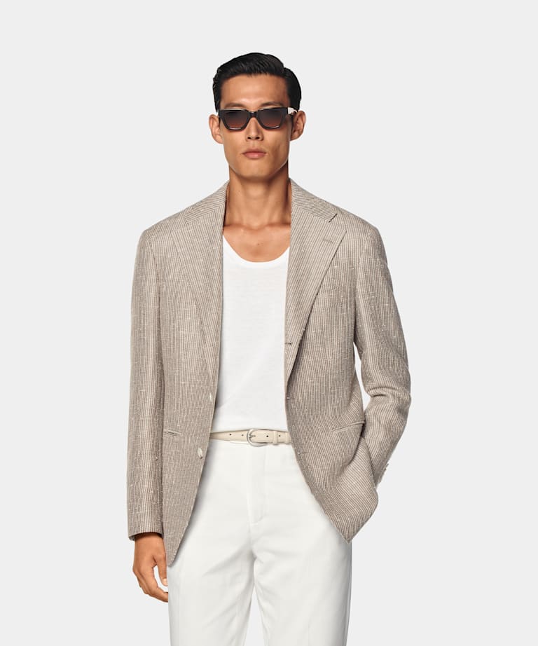 SUITSUPPLY Summer Wool Linen Silk by Rogna, Italy Taupe Relaxed Fit Roma Blazer