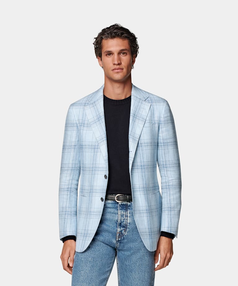 SUITSUPPLY Summer Linen Wool Silk by Lanificio Ermenegildo Zegna, Italy Light Blue Checked Tailored Fit Havana Blazer