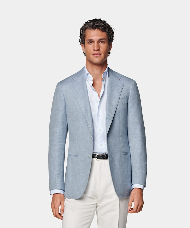 SUITSUPPLY Summer Wool Silk Linen Cashmere by E.Thomas, Italy Light Blue Tailored Fit Havana Blazer