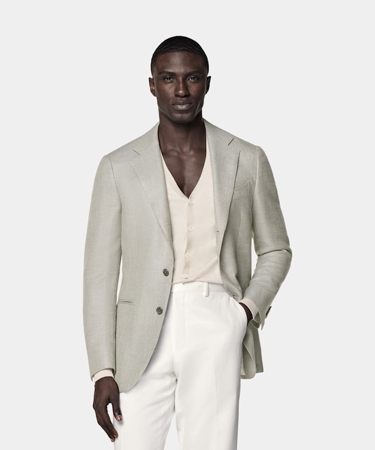 SUITSUPPLY Summer Wool Silk Linen Cashmere by E.Thomas, Italy Mid Green Tailored Fit Havana Blazer