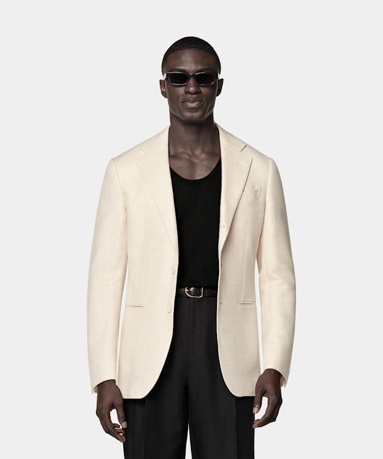 SUITSUPPLY Summer Wool Silk Linen Cashmere by E.Thomas, Italy Sand Tailored Fit Havana Blazer