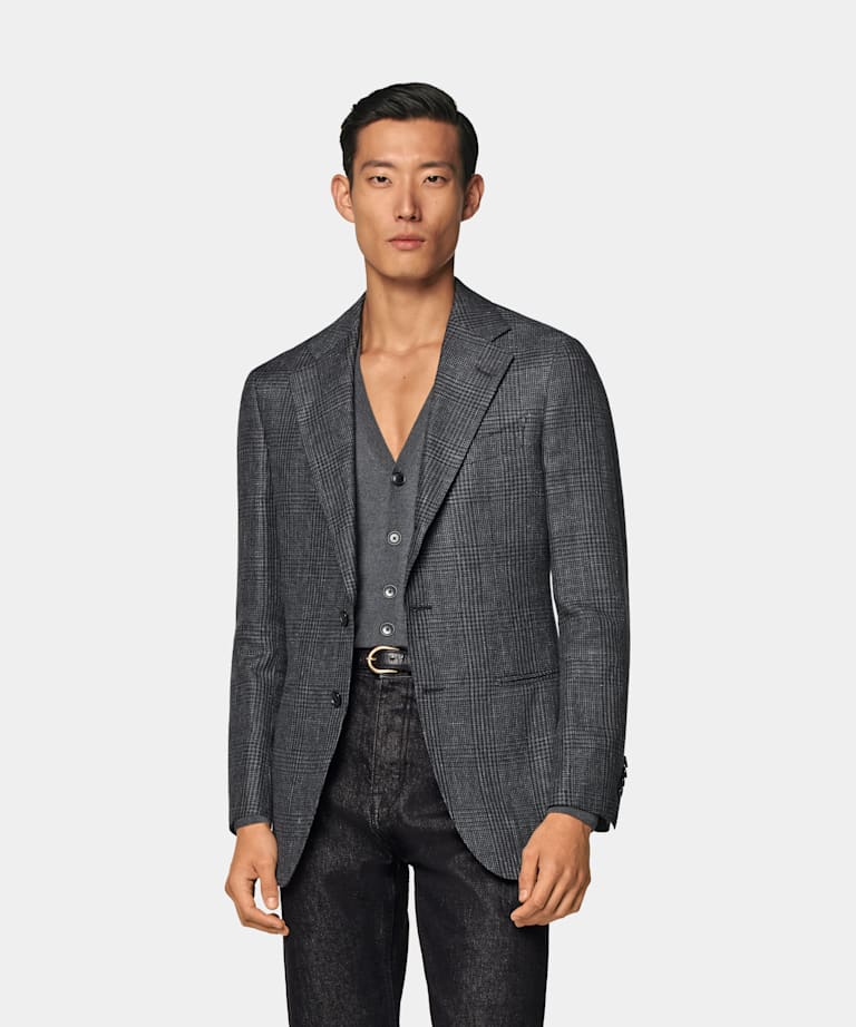 SUITSUPPLY Estate Lino e lana - Drago, Italia Giacca Havana grigio scuro a quadri tailored fit