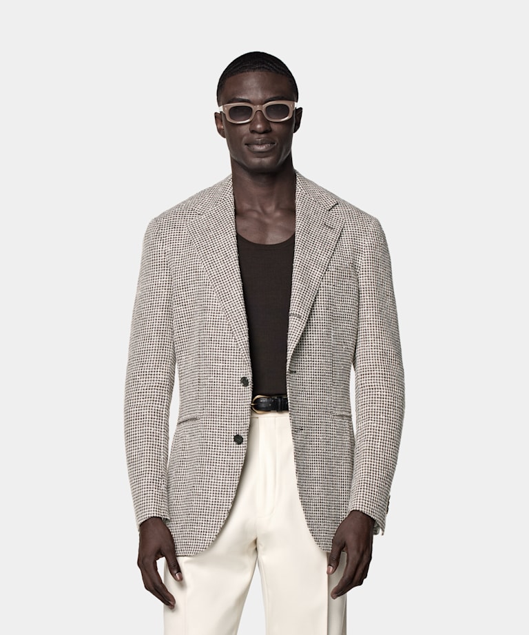 SUITSUPPLY Summer Linen Silk Cotton Blend by Ferla, Italy Mid Brown Checked Relaxed Fit Roma Blazer