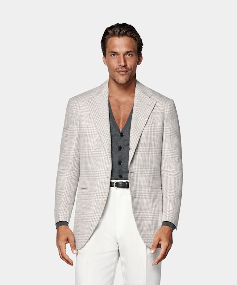 SUITSUPPLY Summer Linen Silk Wool Cotton by Ferla, Italy Light Grey Checked Relaxed Fit Roma Blazer