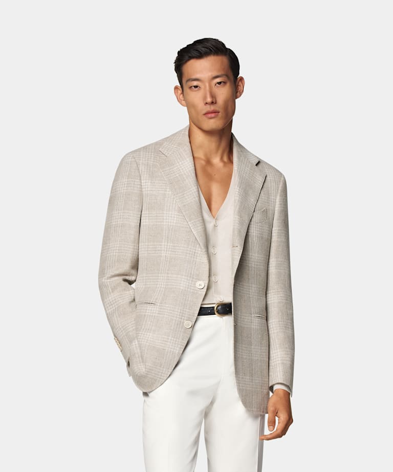 SUITSUPPLY Summer Linen Silk Wool Cotton by Ferla, Italy Sand Checked Relaxed Fit Roma Blazer