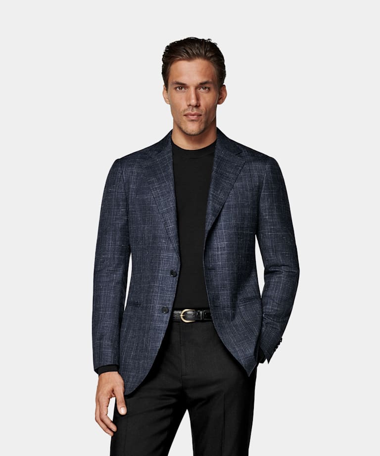 SUITSUPPLY Summer Cashmere Silk Linen by Piacenza, Italy Navy Checked Tailored Fit Havana Blazer