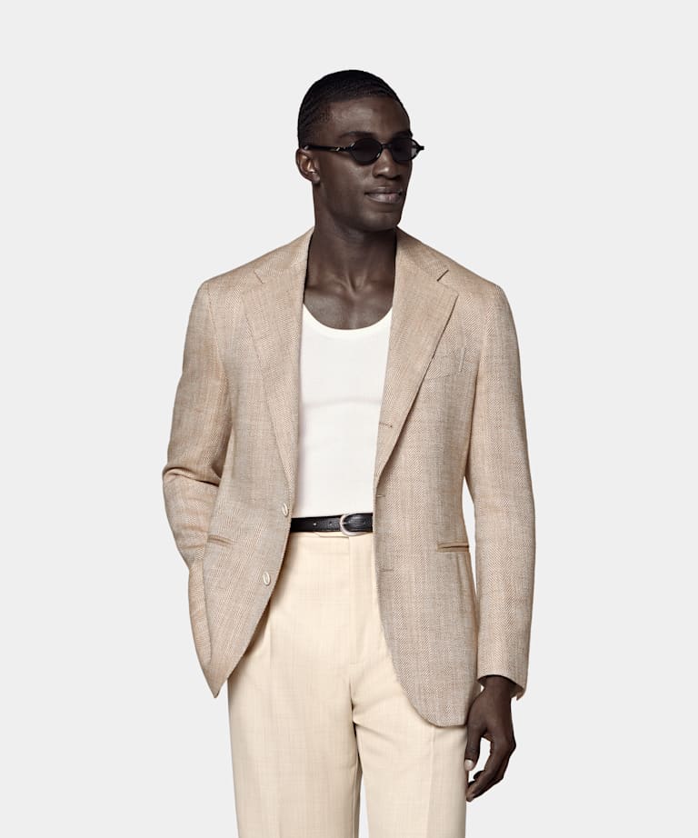 SUITSUPPLY Summer Silk Linen Cotton Blend by Ferla, Italy Light Brown Herringbone Relaxed Fit Roma Blazer